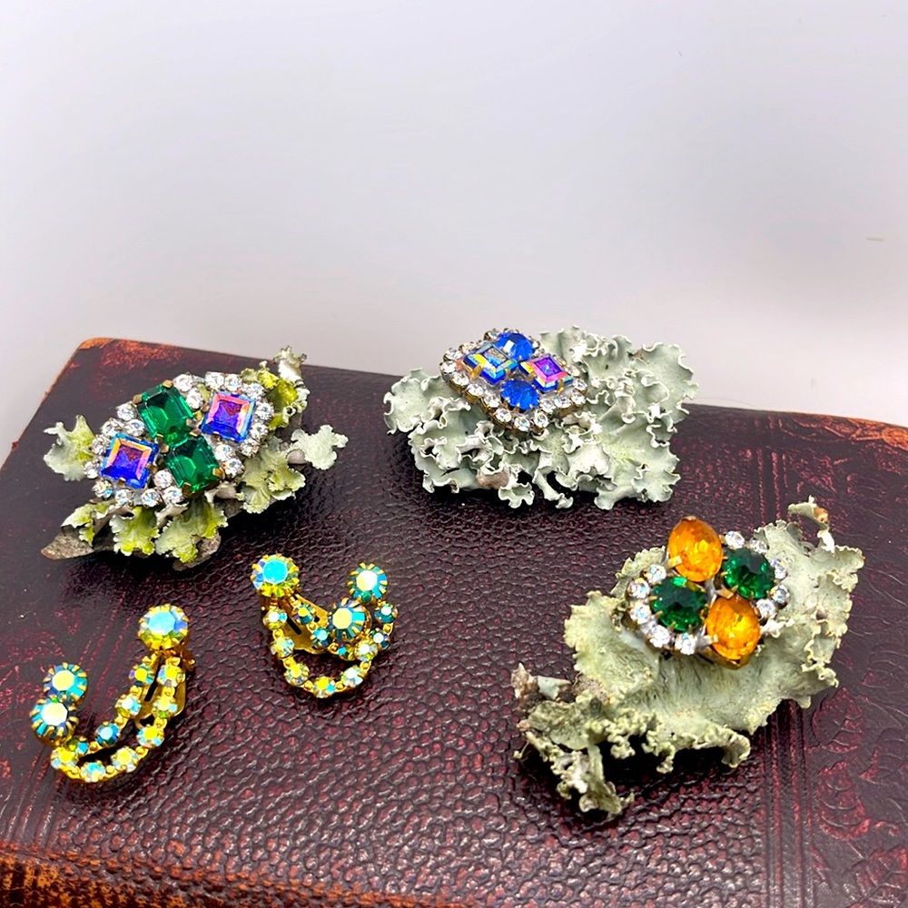 Vintage MCM Austrian Signed Rhinestone Glitzy Earrings and Beautiful Button Trio